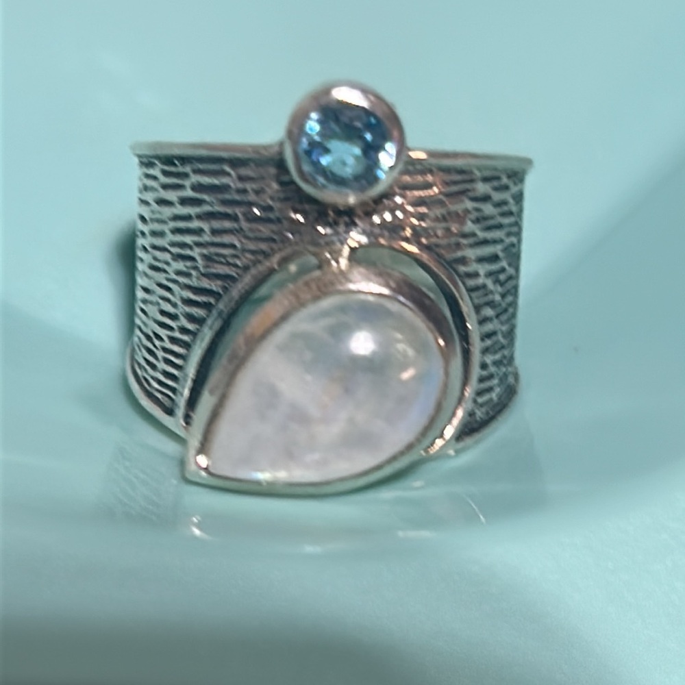 Sterling Silver .925 Moonstone & Aquamarine Ring